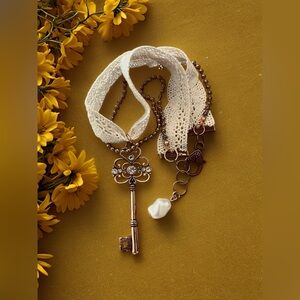 Vintage Cotton Lace Choker Key Pendant Necklace